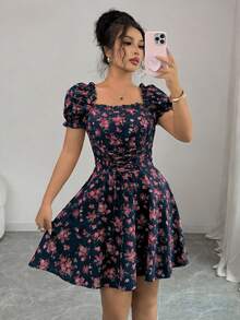 Rafferiza Vestido de mujer con cuello cuadrado, mangas abullonadas, cintura con volantes y cordón ajustable, estampado floral diminuto - Multicolor - Ver 3