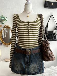 Lalippa Women's Striped Button Half-Placket Long Sleeve Casual Top - Multicolor - View 3