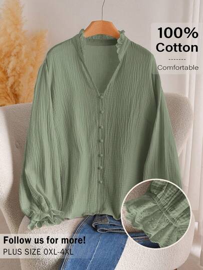 CosyJoli Damen Große Größen Lässig, Urlaub, täglicher Weg Einfarbig Schiffon Rüschen Saum Kragen Loose Bluse, Frühling/Herbst