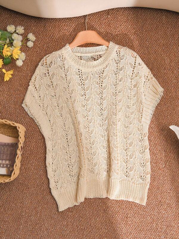 CosyJoli Plus Size Elegant French Casual Leaf Pattern Hollow-Out 3D Knitted Pullover Top, Light Color, Spring/Summer For Women