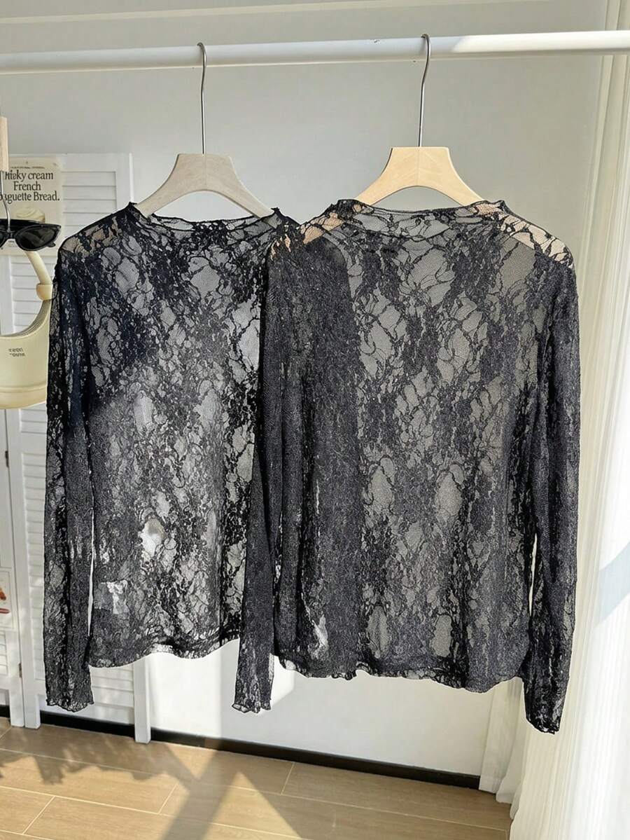 SHEIN EZwear 2 pezzi Maglie nere versatili in pizzo per donne taglie forti, autunno/inverno - nero - Visualizzare 1