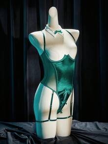 SpicyHot Conjunto de 4 piezas de mono transparente y sexy con espalda descubierta para mujeres - Verde Oscuro - Ver 6