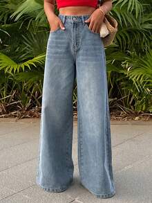 DAZY 女士休闲宽松直筒牛仔裤，做旧设计，度假风，适合春季、夏季和情人节穿着 - 藍色 - 查看 4