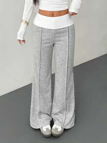 SHEIN PETITE Trang phục mùa hè và phong cách đường phố mùa hè dành cho nữ, đi chơi, thường ngày, đi học, phong cách vintage, quần dài trắng ống loe màu xám Pháp, kiểu dáng Y2K, quần áo Y2K, trang phục nghỉ hè. - Xám - Xem 8