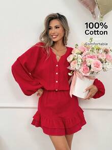 Easowa 红色灯笼袖半开领松紧腰荷叶边下摆100%纯棉迷你连衣裙，适合情人节、浪漫假期、休闲乡村度假等场合。 - 紅色 - 查看 1