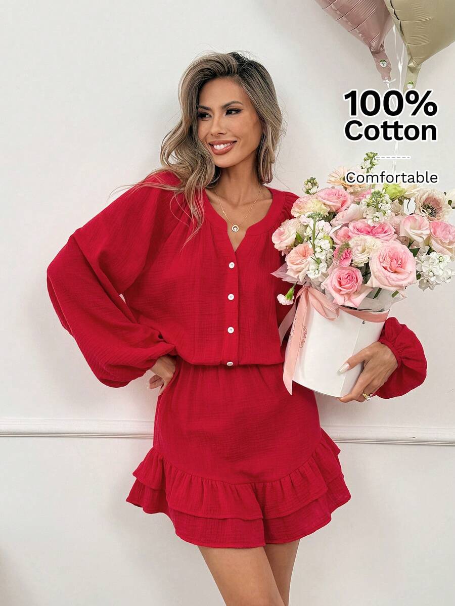 Easowa 红色灯笼袖半开领松紧腰荷叶边下摆100%纯棉迷你连衣裙，适合情人节、浪漫假期、休闲乡村度假等场合。 - 紅色 - 查看 1