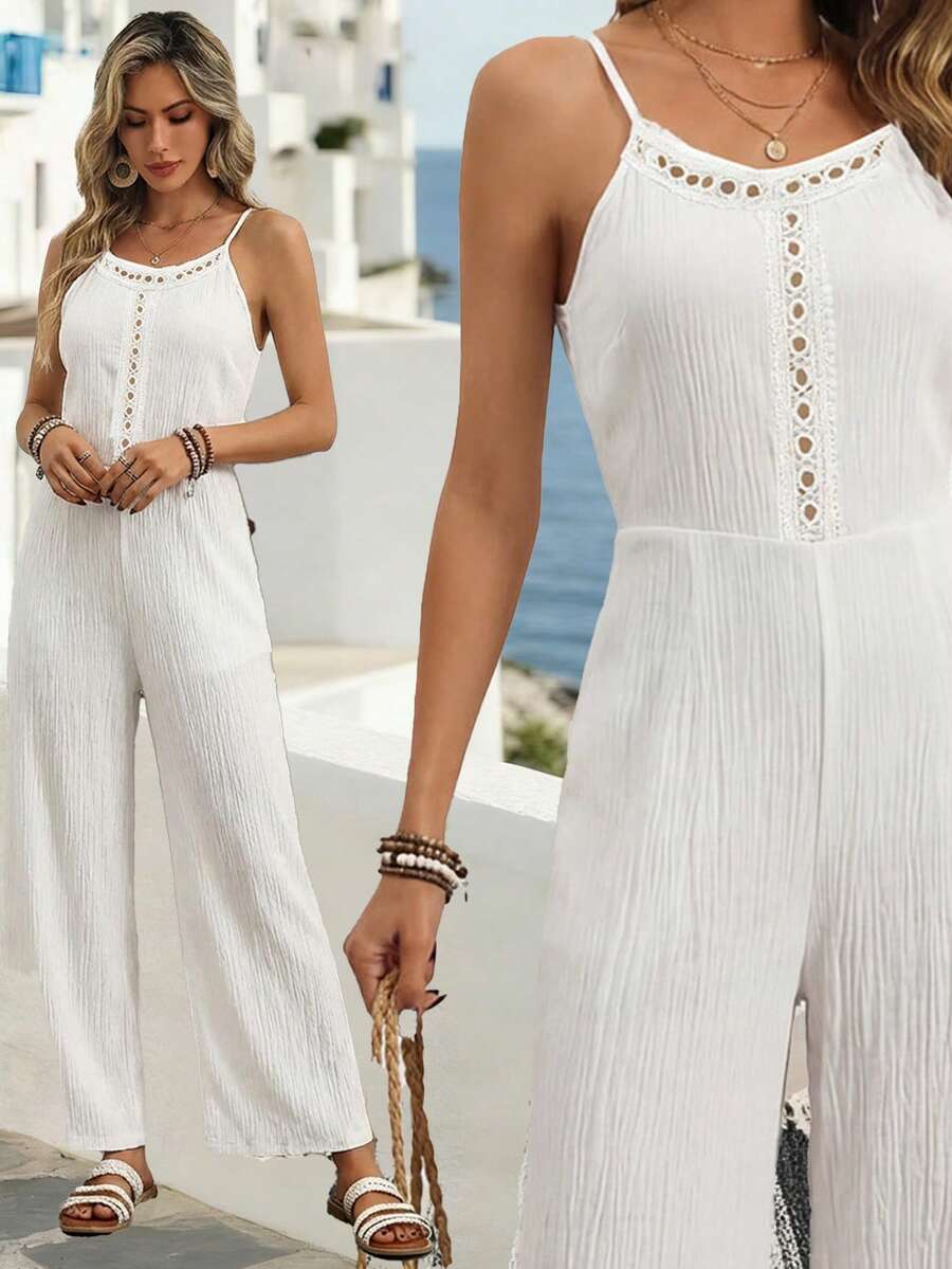 Breezaya Women's Summer Refreshing Vacation White Pleated Hollow Lace Trim Waist Jumpsuit, Suitable For Beach Vacation, Beach Stroll, And Daily Wear - White - View 1