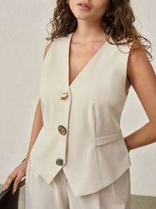 MOTF PREMIUM 加大码单排扣背心，春夏款 - 米色 - 查看 7