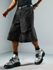 ROMWE MEN Street Life Quần short denim nam dáng rộng, có túi, ống rộng 5 inch. - màu đen - Xem 1