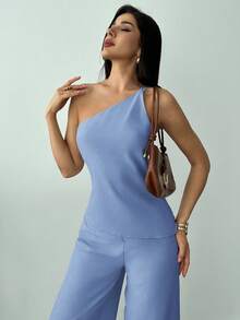 Firerie Spring/Summer New Elegant Apricot Linen Asymmetric Hem Ruched Waist Backless Camisole & High Waist Long Pants 2 Pieces Linen Suit - Baby Blue - View 3