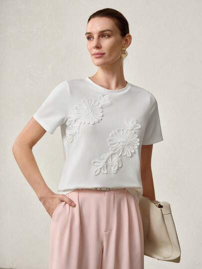 MOTF PREMIUM FLORAL TEXTURED KNIT SHORT SLEEVE WHITE TEE