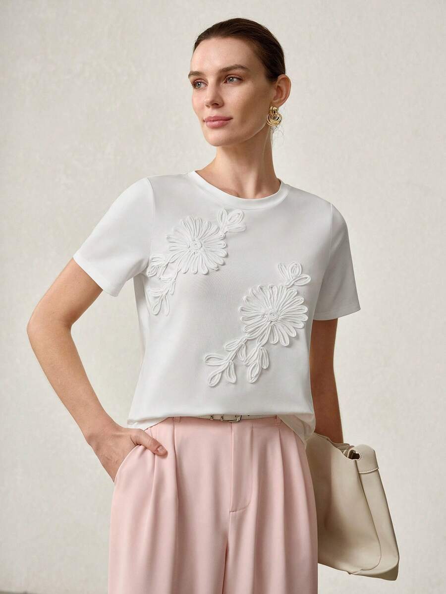 MOTF PREMIUM FLORAL TEXTURED KNIT SHORT SLEEVE WHITE TEE - White - View 1