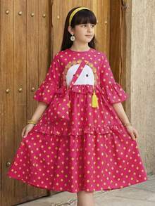 SHEIN Đầm maxi dáng chữ A tay phồng phối màu họa tiết hoa retro cho bé gái tuổi teen - Hồng - Xem 4
