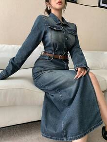 DAZY Women's Vintage Washed Denim Midi Dress With Large Pockets, Slim Fit, High Slit, Casual Business Office Wear, Spring/Summer/Autumn - Dark Wash - View 9