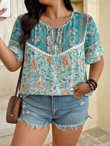 SHEIN LUNE Plus Size Floral Print Short Sleeve Casual Shirt - Green - View 3