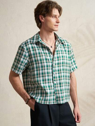 Airaco 男士休闲格子印花短袖衬衫，适合夏季日常穿着、工作场合和通勤