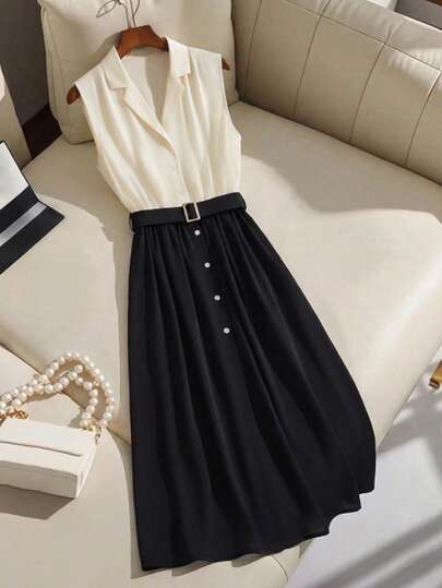 Franclia Women's Contrast Color Waist Belt Front Button Elegant Sleeveless Dress