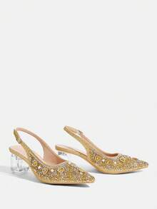 CUCCOO TILAWA Women's Crystal Heel Glass Rhinestone Pointed Toe Gold High Heel Pumps, Suitable For Outings, Banquets, Parties And Other Events - Gold - View 3