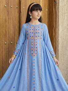 SHEIN Tween Girl Print Long Sleeve Dress, Vacation Style - Blue - View 7