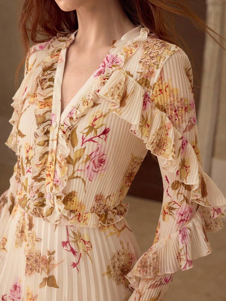 WOMEN'S ELEGANT PLEATED RUFFLE TRIM MIDI DRESS, SPRING/SUMMER