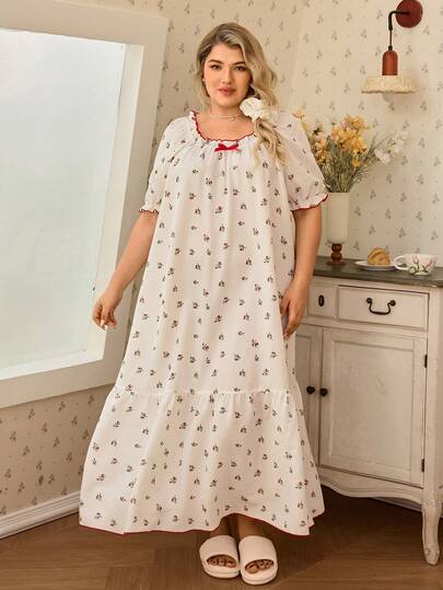 CottageSlumber Plus Size Women Summer New Puff Sleeve Romantic Floral Contrast Lace Trim Nightgown Sleepwear
