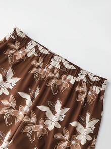 EMERY ROSE 女士休闲V领褶皱咖啡色衬衫和宽松印花直筒裤套装 - 咖啡棕 - 查看 5