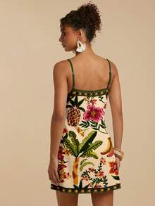 Travachic 休闲简约度假波西米亚风优雅浪漫复古热带植物水果印花图案吊带系带下摆女式迷你连衣裙，适合春夏穿着，舒适百搭 - 白色 - 查看 2