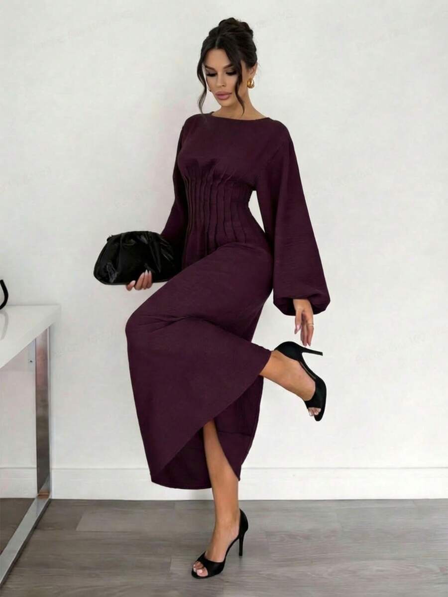 Firerie 女士休闲优雅修身长袖连衣裙，酒红色连衣裙 / 修身连衣裙 / 亚麻连衣裙 / 复古风连衣裙 / 夏季连衣裙 / 春季女装 / 日常工作连衣裙 / 情人节连衣裙 / 女士休闲连衣裙 / 女士红色连衣裙