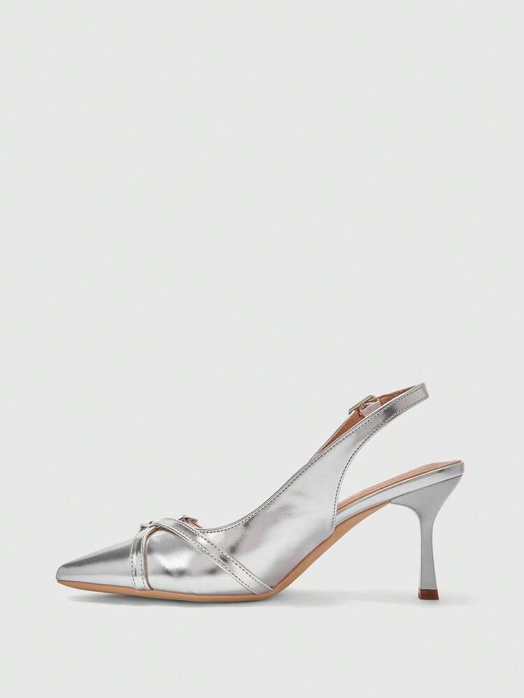 CUCCOO BIZCHIC Women Shoes Women's Pointed Stiletto Silver Cross Strap Back Strap Fashion Versatile Commuter Daily Work Women's High Heel Shoes Slingback Women's Shoes Spring Shoes