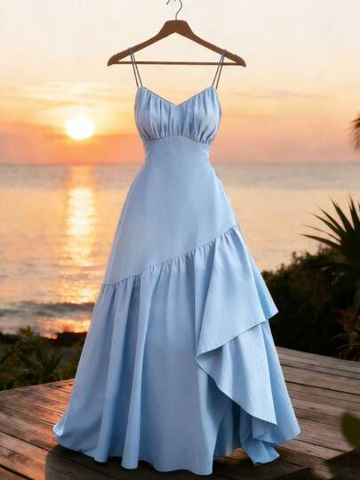 GlowEve New Sleeveless Ruched Design Woven Solid Color Backless Elegant Irregular Ruffle Hem Dress, Versatile For Young Women And Vacation