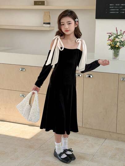 DAZY Tween Girl Colorblock Twist Cutout Shoulder Long Sleeve Cinched Waist Dress