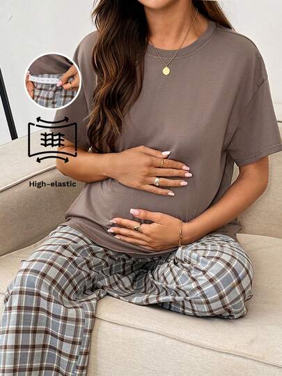 SHEIN 2pcs Maternity Set: Solid Color Round Neck Drop Shoulder Short Sleeve T-Shirt And Adjustable Waist Casual Pants Women Sleep Wear Women Maternity Sets 2 Pieces Lounge Sets Maternity Clothes Two Piece Suits Pregnant Clothes Lounge Wear Nursing Clothes Loungewear Robe Sleepwear Set 