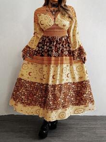 Whyspr Đầm dáng rộng, in họa tiết toàn thân, tay xòe, thích hợp cho kỳ nghỉ hè, cỡ lớn, phong cách thường ngày, mùa thu. - Nhiều màu - Xem 7