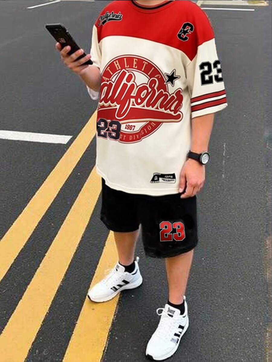 2件套青少年（男童）休闲运动美式加州23印花短袖T恤和短裤套装，春夏款