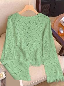 SHEIN LUNE Women's Fashionable Colorblock Tie-Up Hollow Floral Fringe Pullover Sweater, Autumn - Mint Green - View 2