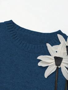 Franclia Nuovo set da 2 pezzi autunno/inverno, maglia smanicata con collo a giro e motivo floreale 3D abbinata a gonna midi a-line in maglia, stile versatile e ampio - Blu - Visualizzare 4