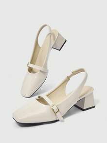 Sleekvia 新款方头粗跟无后跟绑带舒适防滑时尚百搭女式高跟鞋，春秋季 - 米色 - 查看 2