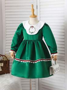 SHEIN Kleine Mädchenkleid mit Taille und kariertem Kragen, Stil passend für tägliche Ausflüge und Partys, Herbst/Winter - Grün - Übersicht 1