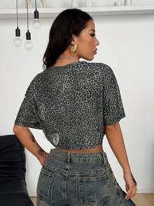 Women's Summer Concert Rave Festival Streetwear Casual Going Out Renaissance Fair Y2K Leopard Sheer Short T-Shirt Tees,Summer Top - Grey - View 2