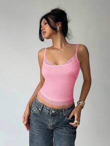 Aloruh Áo camisole ôm sát dành cho nữ, màu trơn phối ren. - Hồng - Xem 6