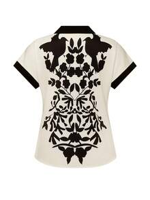 Rafferiza Women's Casual Daily Commute Vacation Style Contrast Color Bird & Floral Print Short Sleeve Shirt - Apricot - View 2
