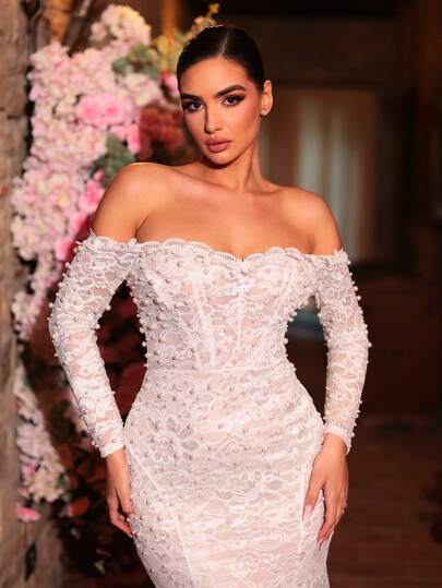 Glamrae Elegant Luxurious Pearl Beaded Lace Sheer Sleeve Mermaid Maxi Dress With Train, Suitable For Wedding, Party, Holiday, Prom, Bridal