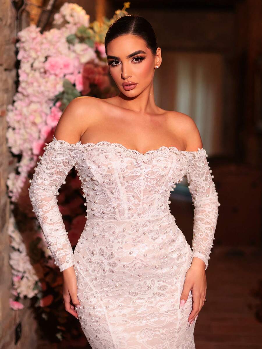 Glamrae 优雅奢华的珍珠串珠蕾丝薄纱袖鱼尾长裙，带拖尾，适合婚礼、派对、度假、舞会、新娘等场合。 - 白色 - 查看 1