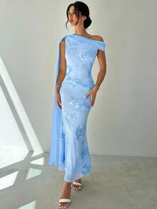 Firerie 女士优雅精致浪漫高贵舞会约会单肩超长披肩刺绣网纱修身美人鱼黄色连衣裙 - 淺藍色 - 查看 6