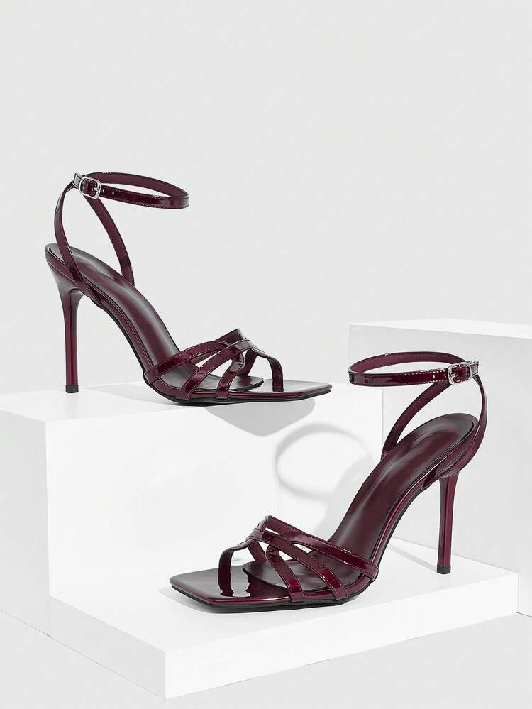 CUCCOO SZL Women Shoes Spring And Summer New Burgundy Mirror Thin Strip With Ankle Strap Women's High-Heeled Sandals Fashionable And Comfortable Versatile Sexy Party Banquet Women's Sandals
