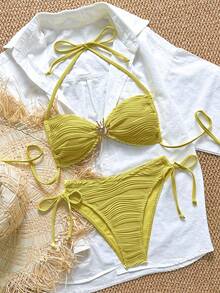 Swim Mod Swim Chiccia Textured Fabric Metal Buckle Halter Tie Side Bikini Set, Summer Beach Vacation - Mustard Yellow - View 1