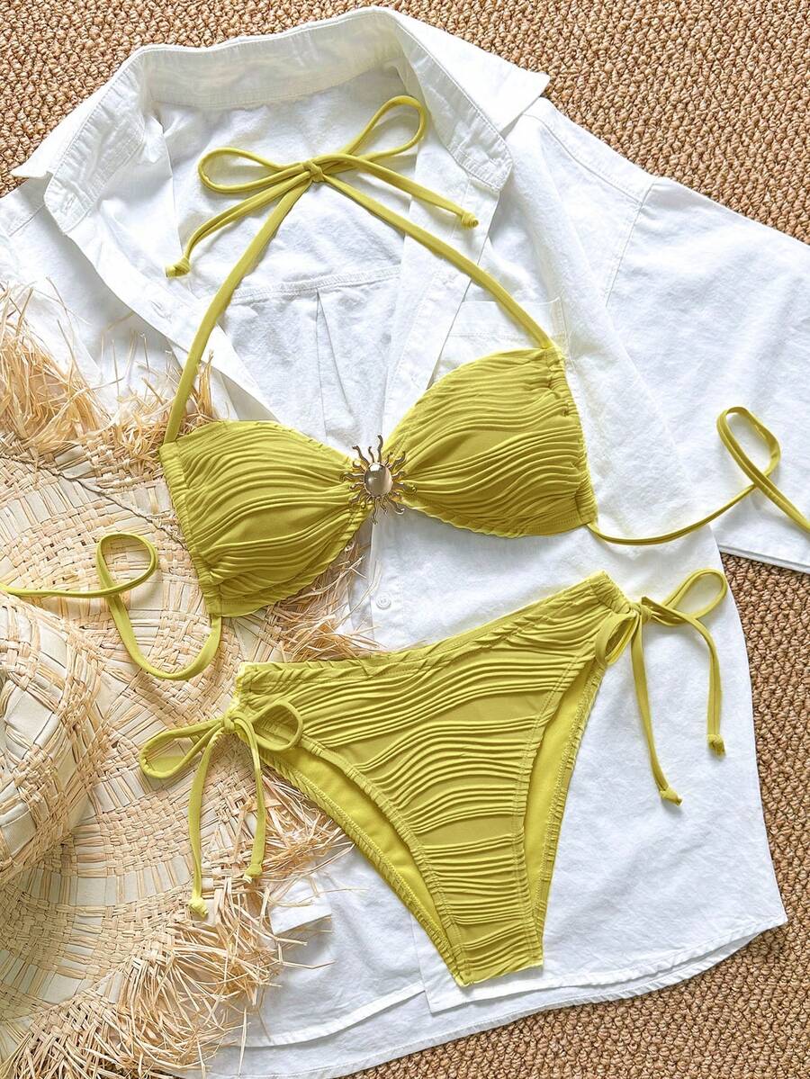 Swim Mod Swim Chiccia Textured Fabric Metal Buckle Halter Tie Side Bikini Set, Summer Beach Vacation - Mustard Yellow - View 1