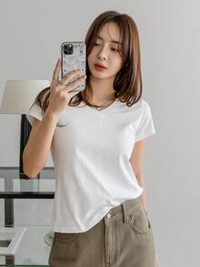 Dazy-Less Solid Color V-Neck Short Sleeve Casual T-Shirt Old Money Style Summer Business Casual Woman Work Clothes - White - View 4