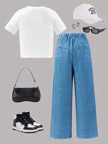 SHEIN Bộ 2 món cho bé gái, phong cách đường phố cá tính, năng động, họa tiết ngôi sao đính kèm, áo thun dệt kim ngắn ôm sát + quần cargo ống rộng in họa tiết giả denim. - Màu xanh lam - Xem 2
