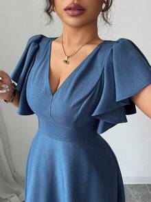 Elenzga 大码女式荷叶边袖V领A字连衣裙，优雅浪漫，牛仔布面料，春夏款 - 藍色 - 查看 3